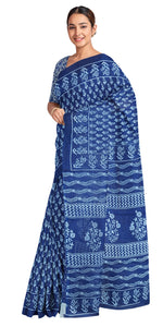 Indigo Mul Cotton Saree with Floral Block Prints-Mul Cotton-parinitasarees