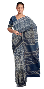 Indigo Mul Cotton Saree with Floral Block Prints-Mul Cotton-parinitasarees