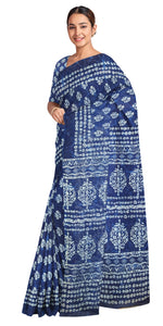 Indigo Mul Cotton Saree with Floral Block Prints-Mul Cotton-parinitasarees