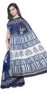 Indigo Mul Cotton Saree with Paisley Block Prints-Mul Cotton-parinitasarees