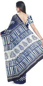 Indigo Mul Cotton Saree with Paisley Block Prints-Mul Cotton-parinitasarees