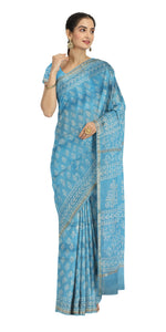 Light Blue Chanderi Saree with Dabu Block Prints-Chanderi Sarees-parinitasarees
