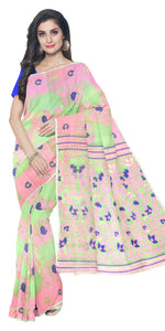 Light Green Cotton Jamdani with Floral Motifs-Jamdani saree-parinitasarees