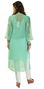 Light Green Georgette Chikankari Kurti with Floral Motifs-Women's Chikankari Kurti-parinitasarees