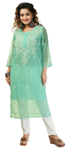 Light Green Georgette Chikankari Kurti with Floral Motifs-Women's Chikankari Kurti-parinitasarees