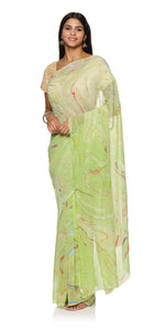 Light Green Hand Marbled Pure Silk Chiffon Saree-Marbling Sarees-parinitasarees