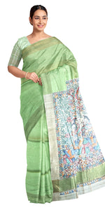 Light Green Madhubani Painted Bapta Tussar Silk Saree-Tussar Saree-parinitasarees