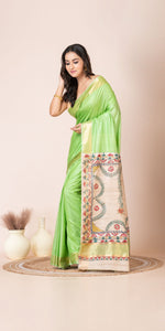 Light Green Madhubani Painted Bapta Tussar Silk Saree-Tussar Saree-parinitasarees