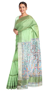 Light Green Madhubani Painted Bapta Tussar Silk Saree-Tussar Saree-parinitasarees