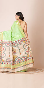 Light Green Madhubani Painted Bapta Tussar Silk Saree-Tussar Saree-parinitasarees