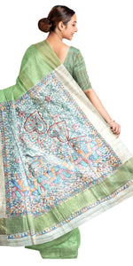 Light Green Madhubani Painted Bapta Tussar Silk Saree-Tussar Saree-parinitasarees