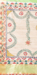 Light Green Madhubani Painted Bapta Tussar Silk Saree-Tussar Saree-parinitasarees
