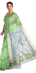 Light Green Madhubani Painted Bapta Tussar Silk Saree-Tussar Saree-parinitasarees