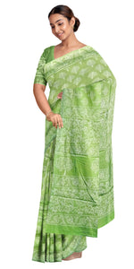 Light Green Mul Cotton Saree with Leafy Motifs-Mul Cotton-parinitasarees