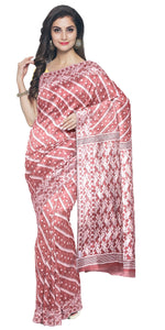 Light Red Muslin Saree with Korat Kaj Work-Muslin saree-parinitasarees