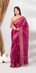 Magenta Linen Jamdani Saree with Colourful Pallav-Handspun Cotton-parinitasarees