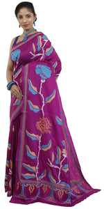 Magenta Pure Silk Kantha Saree with Floral Embroidery-Kantha saree-parinitasarees