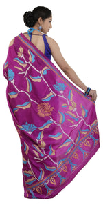 Magenta Pure Silk Kantha Saree with Floral Embroidery-Kantha saree-parinitasarees