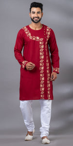 Maroon Cotton Panjabi with Floral Kantha Embroidery-Men's Kurtas-parinitasarees
