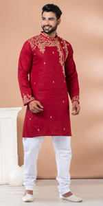 Maroon Cotton Panjabi with Intricate Embroidery-Men's Kurtas-parinitasarees