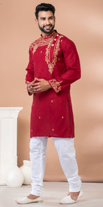 Maroon Cotton Panjabi with Intricate Embroidery-Men's Kurtas-parinitasarees