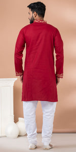 Maroon Cotton Panjabi with Intricate Embroidery-Men's Kurtas-parinitasarees