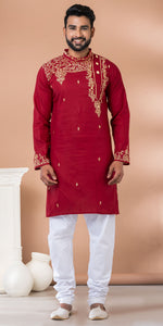 Maroon Cotton Panjabi with Intricate Embroidery-Men's Kurtas-parinitasarees