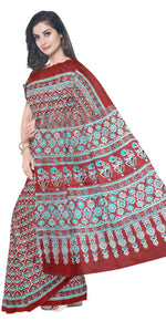 Maroon Mul Cotton Saree with Floral Block Prints-Mul Cotton-parinitasarees