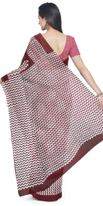 Maroon Mul Cotton Saree with Floral Block Prints-Mul Cotton-parinitasarees