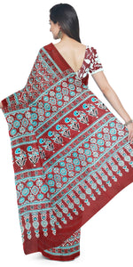 Maroon Mul Cotton Saree with Floral Block Prints-Mul Cotton-parinitasarees