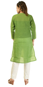 Mehendi Cotton Chikankari Kurti with Paisley Motifs-Women's Chikankari Kurti-parinitasarees