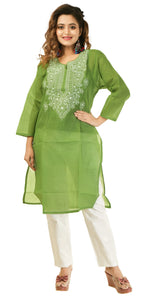 Mehendi Cotton Chikankari Kurti with Paisley Motifs-Women's Chikankari Kurti-parinitasarees