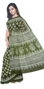 Mehendi Mul Cotton Saree with Floral Block Prints-Mul Cotton-parinitasarees