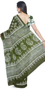 Mehendi Mul Cotton Saree with Floral Block Prints-Mul Cotton-parinitasarees