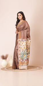 Mocha Madhubani Painted Bapta Tussar Silk Saree-Tussar Saree-parinitasarees