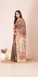 Mocha Madhubani Painted Bapta Tussar Silk Saree-Tussar Saree-parinitasarees