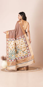 Mocha Madhubani Painted Bapta Tussar Silk Saree-Tussar Saree-parinitasarees
