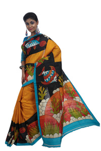 Mustard Bishnupuri Silk Saree with Fish Motifs-Bishnupuri silk saree-parinitasarees