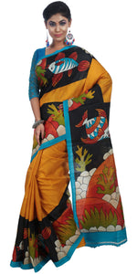 Mustard Bishnupuri Silk Saree with Fish Motifs-Bishnupuri silk saree-parinitasarees