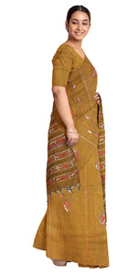 Mustard Cotton Kantha Saree with Tabla Motifs-Kantha saree-parinitasarees