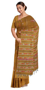 Mustard Cotton Kantha Saree with Tabla Motifs-Kantha saree-parinitasarees