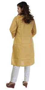 Mustard Handspun Cotton Chikankari Kurti with Paisley Motifs-Women's Chikankari Kurti-parinitasarees