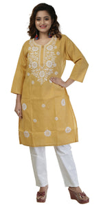 Mustard Handspun Cotton Chikankari Kurti with Paisley Motifs-Women's Chikankari Kurti-parinitasarees