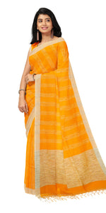 Mustard Handspun Cotton Saree with Striped Patterns-Handspun Cotton-parinitasarees