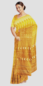 Mustard Mul Cotton Saree with Leafy Motifs-Mul Cotton-parinitasarees