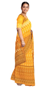 Mustard Mul Cotton Saree with Leafy Motifs-Mul Cotton-parinitasarees