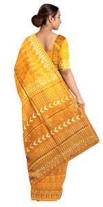 Mustard Mul Cotton Saree with Leafy Motifs-Mul Cotton-parinitasarees