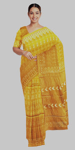 Mustard Mul Cotton Saree with Leafy Motifs-Mul Cotton-parinitasarees