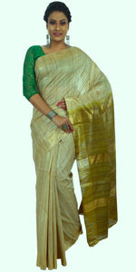 Natural Beige Ghicha Tussar Silk Saree with Green Pallav-Tussar Saree-parinitasarees