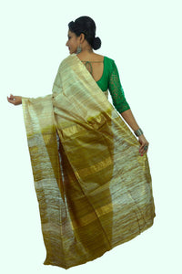 Natural Beige Ghicha Tussar Silk Saree with Green Pallav-Tussar Saree-parinitasarees